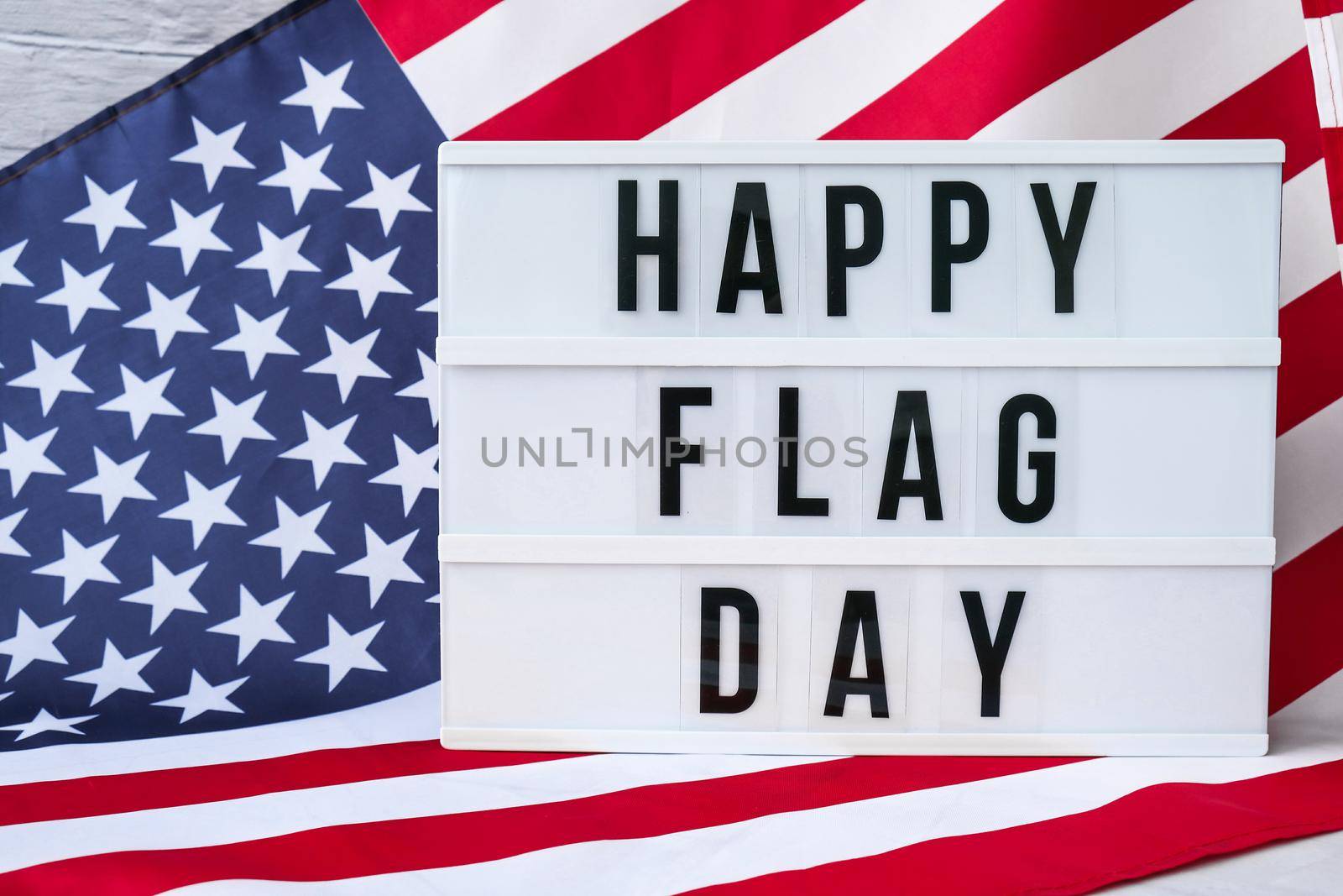 American flag. Lightbox with text HAPPY FLAG DAY Flag of the united states of America. July 4th Independence Day. USA patriotism national holiday. Usa proud. Freedom concept
