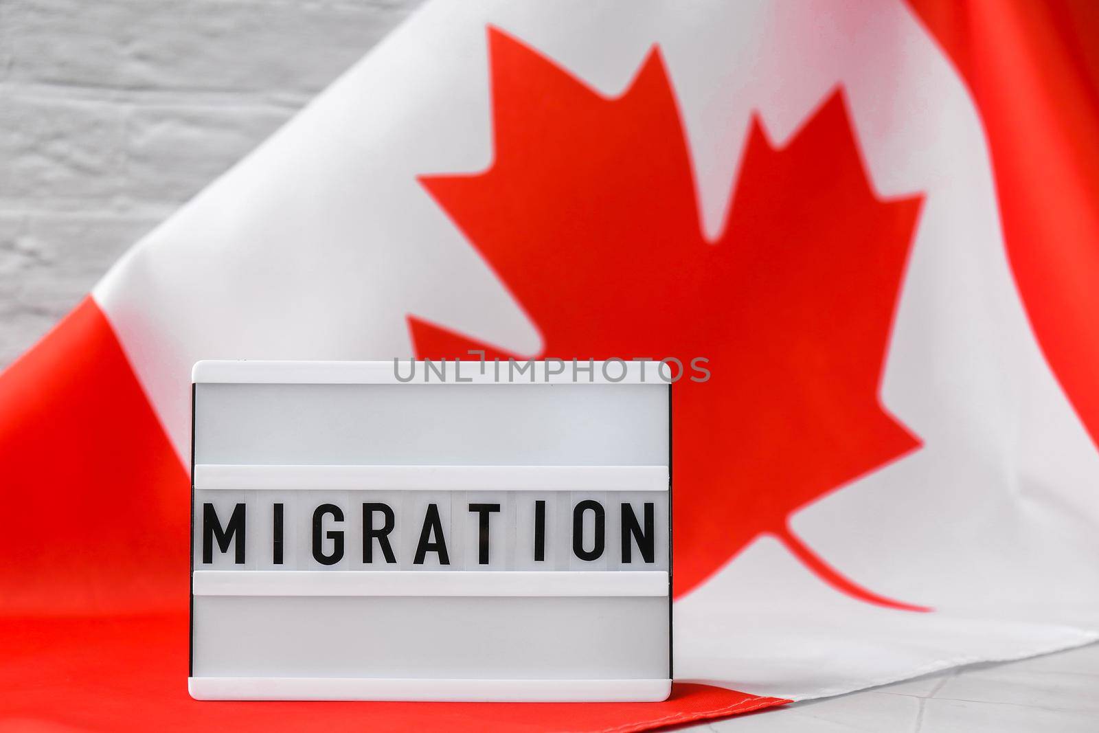 The National Flag of Canada. Lightbox with text MIGRATION Canadian Flag or the Maple Leaf. Patriotism. International relations concept. Independence day by anna_stasiia