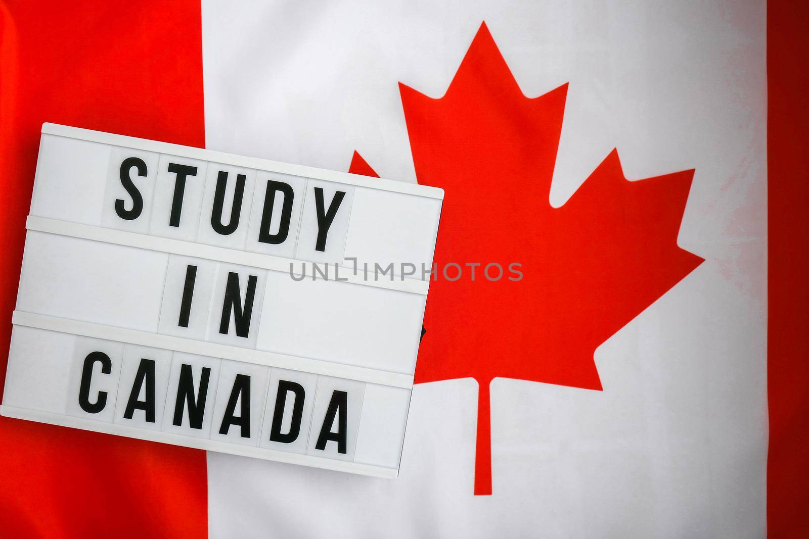 The National Flag of Canada. Lightbox with text STUDY IN CANADA Canadian Flag or the Maple Leaf. Patriotism. International relations concept. Independence day. Immigration