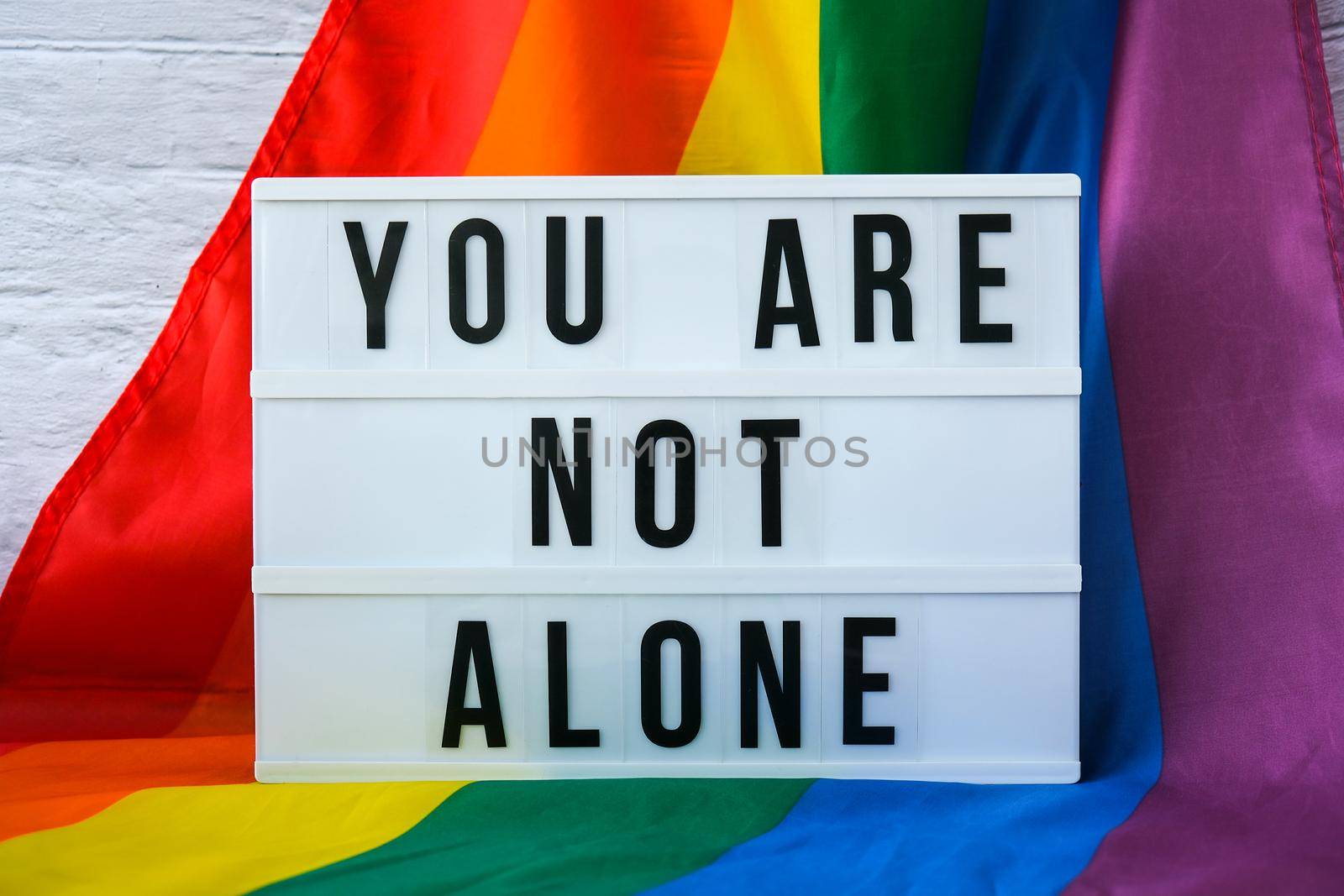 Rainbow flag with lightbox and text YOU ARE NOT ALONE. Rainbow lgbtq flag made from silk material. Symbol of LGBTQ pride month. Equal rights. Peace and freedom. Support LGBTQ community