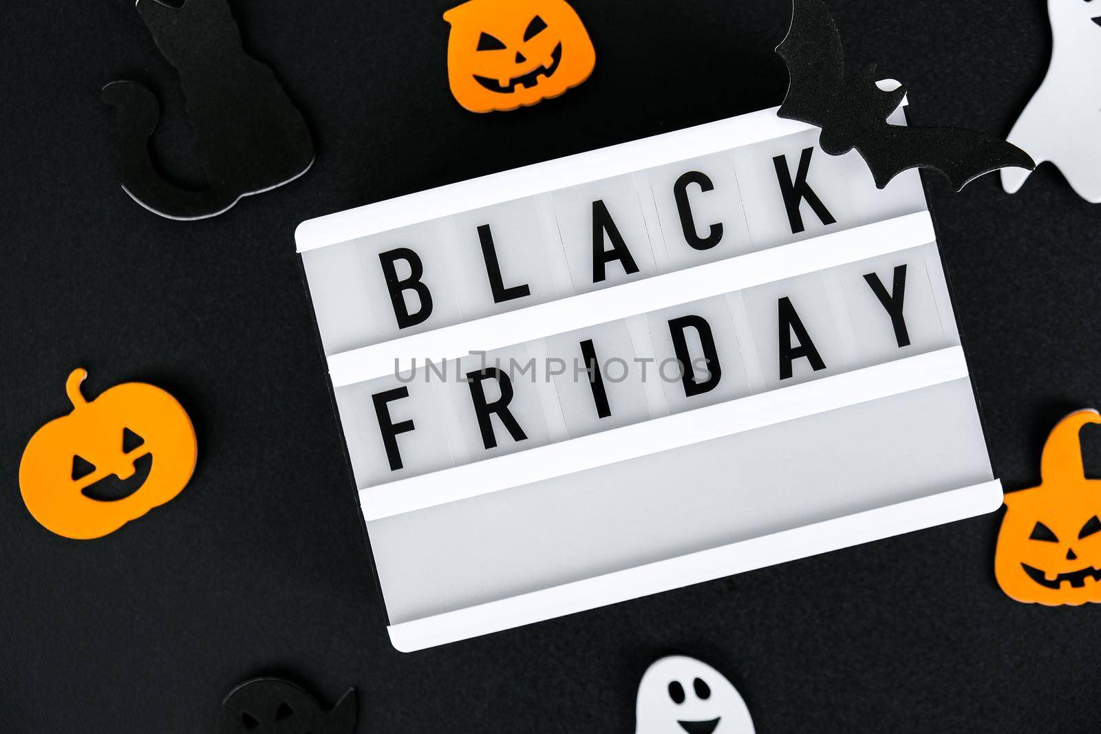Lightbox with text BLACK FRIDAY, Halloween decorations Sale shopping concept. Online shopping Template Black friday sale mockup fall thanksgiving promotion advertising Big sale. Cyber monday. Holiday