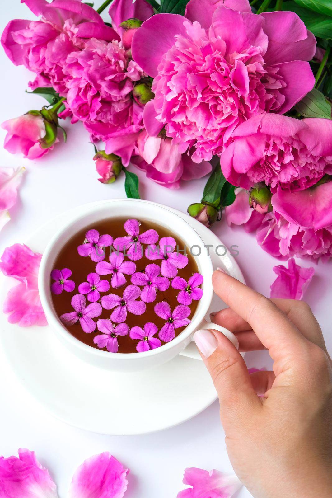 Creative layout with pink peonies flowers. Female hand holding cup of tea on bright table. Spring Seasonal valentine, woman, mother, 8 march holiday, romance breakfast. Stylish blogger. Greeting card. Invitation. Blog post