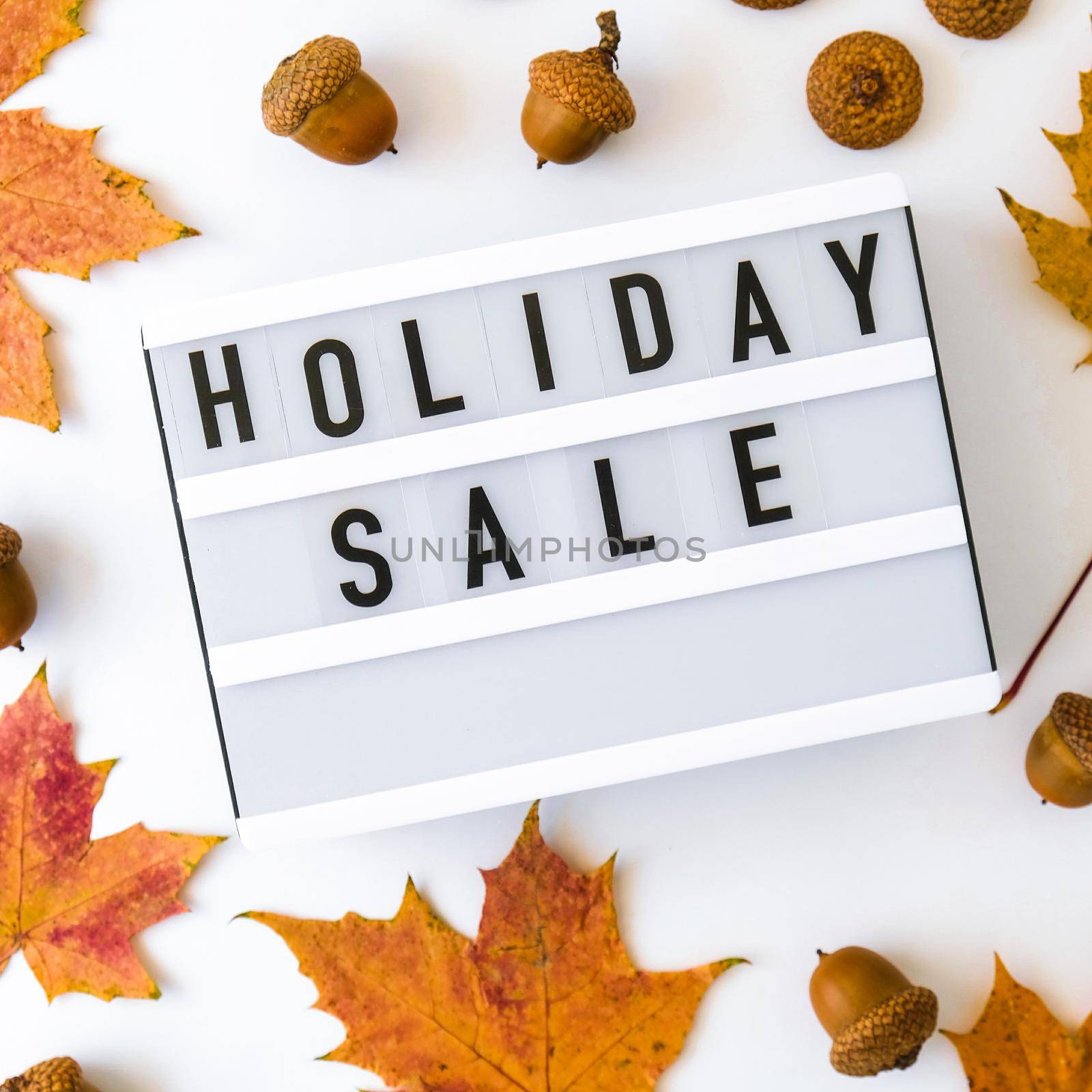 Lightbox with text HOLIDAY SALE around autumn fall leaves, Sale shopping concept. Template Black friday sale mockup fall thanksgiving promotion advertising. Holiday by anna_stasiia