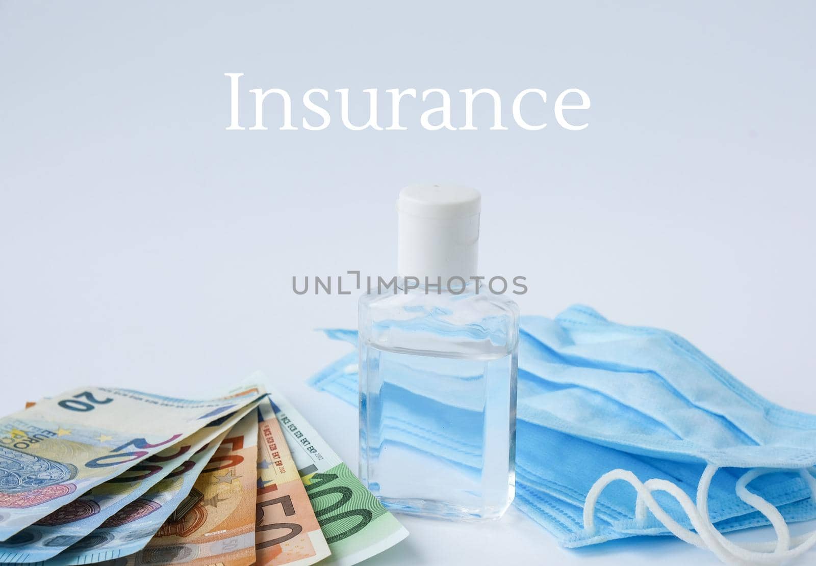 Stack of cash euros and medical mask sanitizer antiseptic. The concept of medical expensive medicine. . Health Life insurance. vaccination costs. Covid-19 crimes. Financial crisis