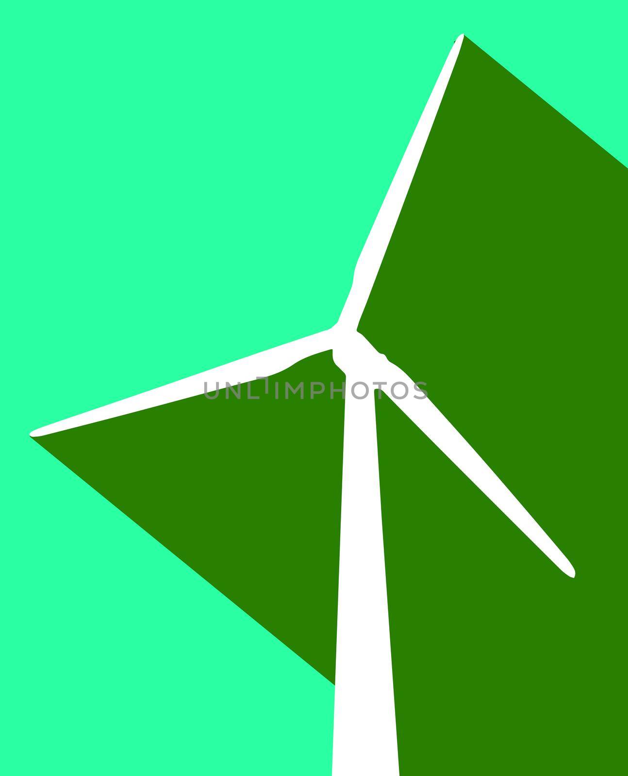 A wind powered generator in white silhouette set over a two tone green shadow background