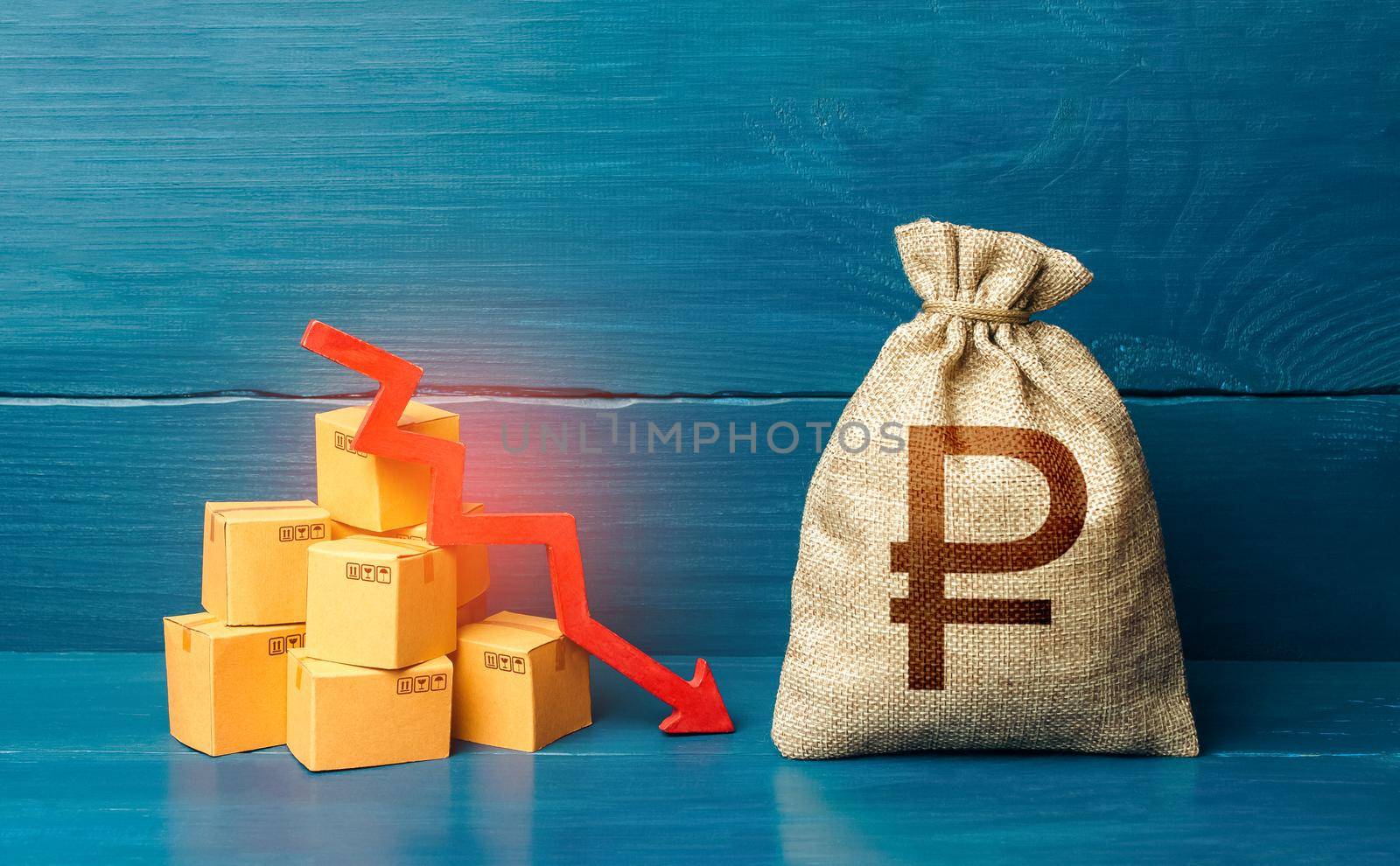 Russian ruble money bag and down arrow. Bad consumer sentiment and demand for goods. Low sales. Production decline. Reduced transportation prices. Income decrease, slowdown and decline of economy. by iLixe48