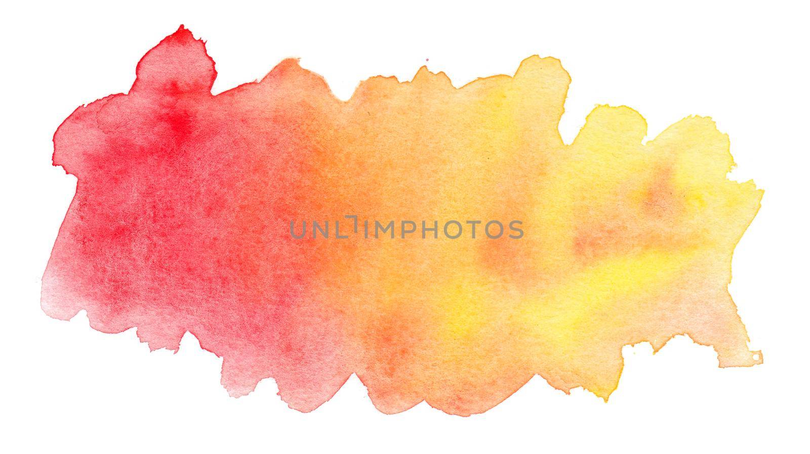 Abstract red yellow gradient watercolor splash texture isolated on white background. Bright paint stain drops. Abstract illustration, banner, poster for text, decoration element