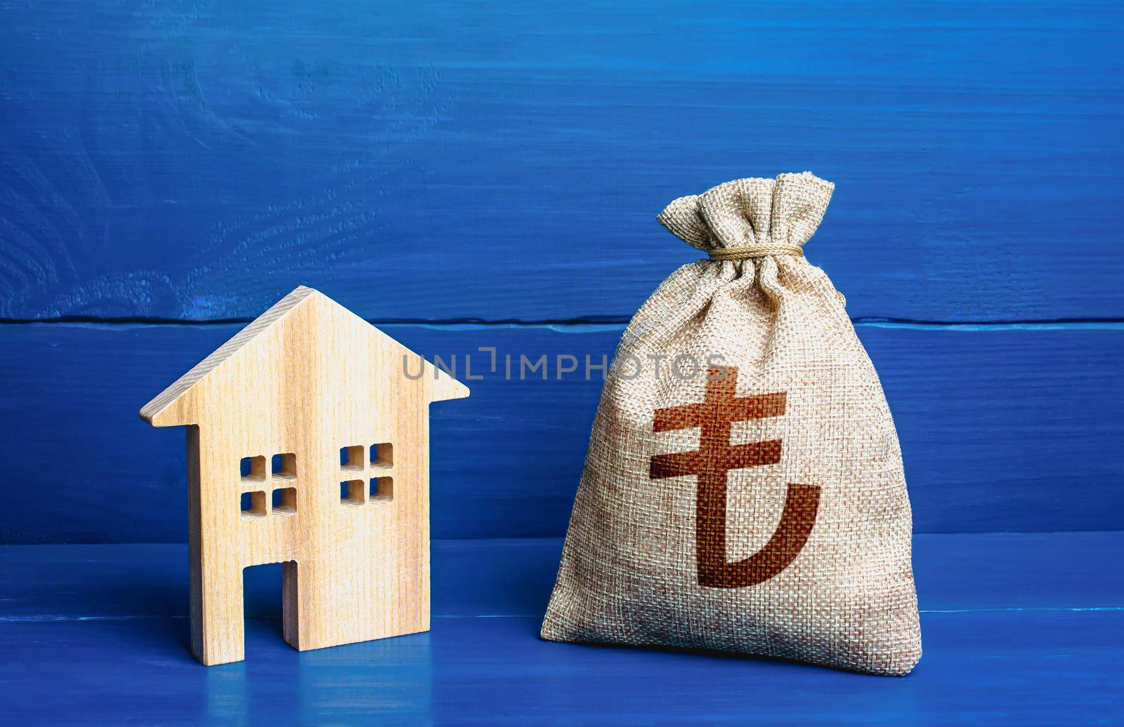 Figurine silhouette house and turkish lira money bag. Maintenance, property improvement. Mortgage loan. Sale of housing. Proposal for a deal price. First installment. Buying and selling real estate. by iLixe48