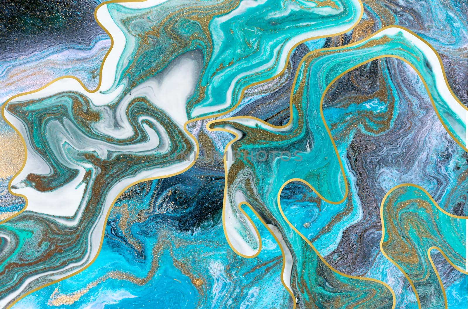 Streams of liquid blue, white and gold ink curls. Waves of fluid turquoise and golden waves