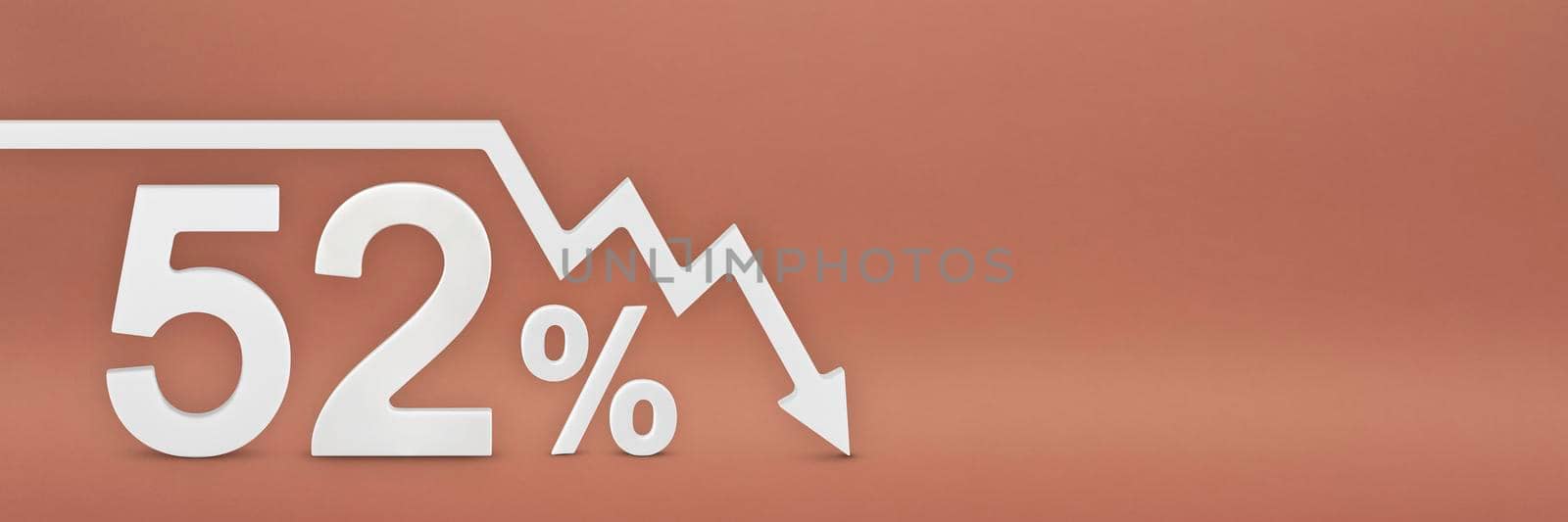 fifty-two percent, the arrow on the graph is pointing down. Stock market crash, bear market, inflation.Economic collapse, collapse of stocks.3d banner,52 percent discount sign on a red background. by SERSOL