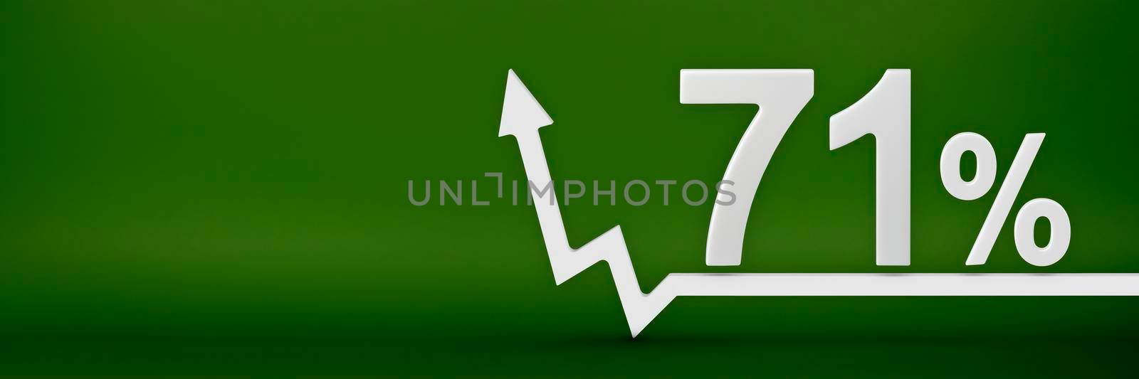 71 percent. The arrow on the graph points up. Rising prices, inflation, increase in income, increase in interest rates, taxes. 3d banner, seventy one percent sign discount on a green background