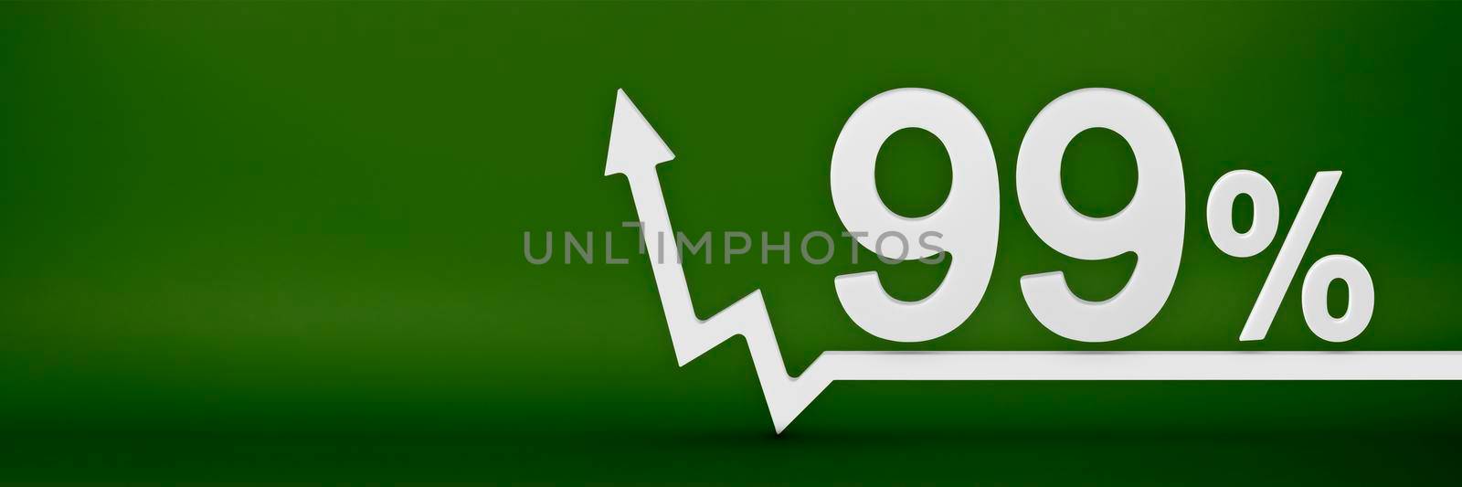 99 percent. The arrow on the graph points up. Rising prices, inflation, increase in income, increase in interest rates, taxes. 3d banner, ninety nine percent sign discount on a green background. by SERSOL