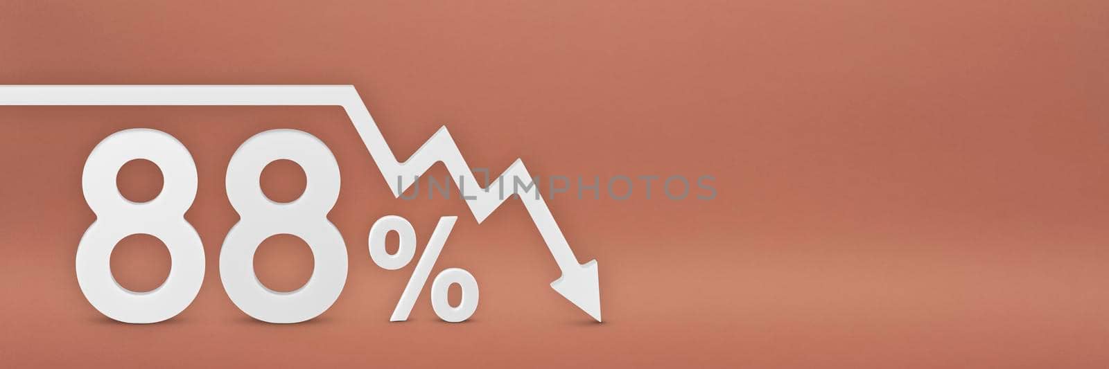 eighty-eight percent, the arrow on the graph is pointing down. Stock market crash, bear market, inflation.Economic collapse, collapse of stocks.3d banner,88 percent discount sign on a red background