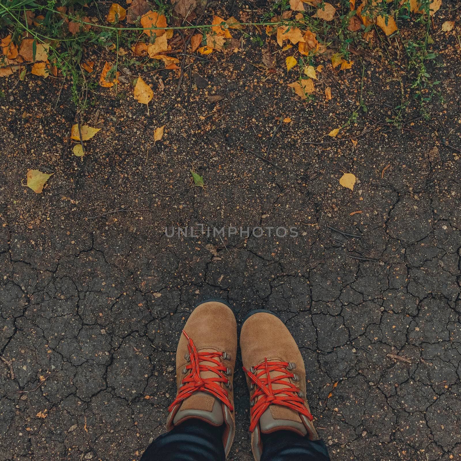 square image feet in brown boots on the cracked ground with yellow fallen leaves. Autumn background. lifestyle concept. copy space