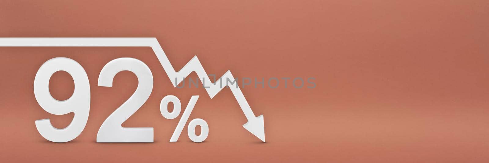 ninety-two percent, the arrow on the graph is pointing down. Stock market crash, bear market, inflation.Economic collapse, collapse of stocks.3d banner,92 percent discount sign on a red background