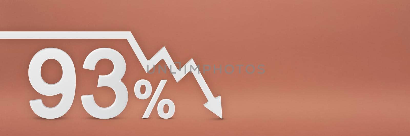 ninety-three percent, the arrow on the graph is pointing down. Stock market crash, bear market, inflation.Economic collapse, collapse of stocks.3d banner,93 percent discount sign on a red background. by SERSOL