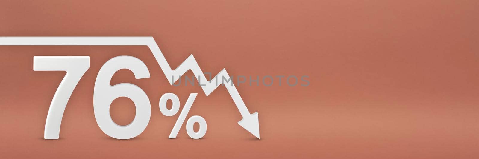 seventy-six percent, the arrow on the graph is pointing down. Stock market crash, bear market, inflation.Economic collapse, collapse of stocks.3d banner,76 percent discount sign on a red background