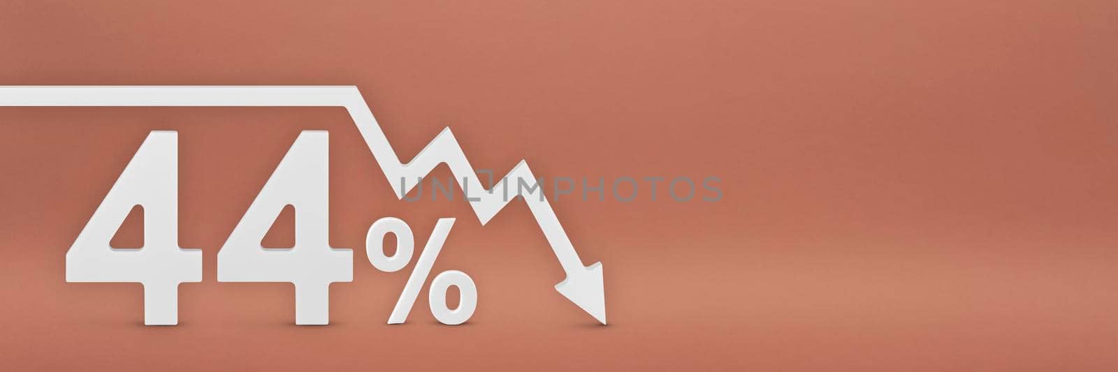 forty-four percent, the arrow on the graph is pointing down. Stock market crash, bear market, inflation.Economic collapse, collapse of stocks.3d banner,44 percent discount sign on a red background