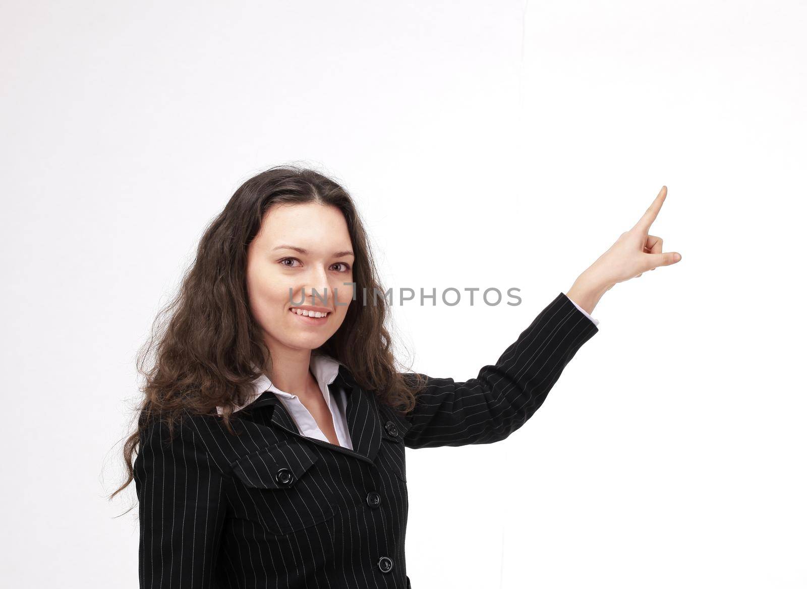 successful business woman showing on copy space.isolated on white.