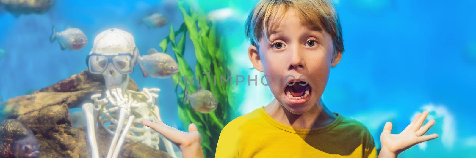 The boy got scared Skeleton and piranha in an aquarium BANNER, LONG FORMAT by galitskaya