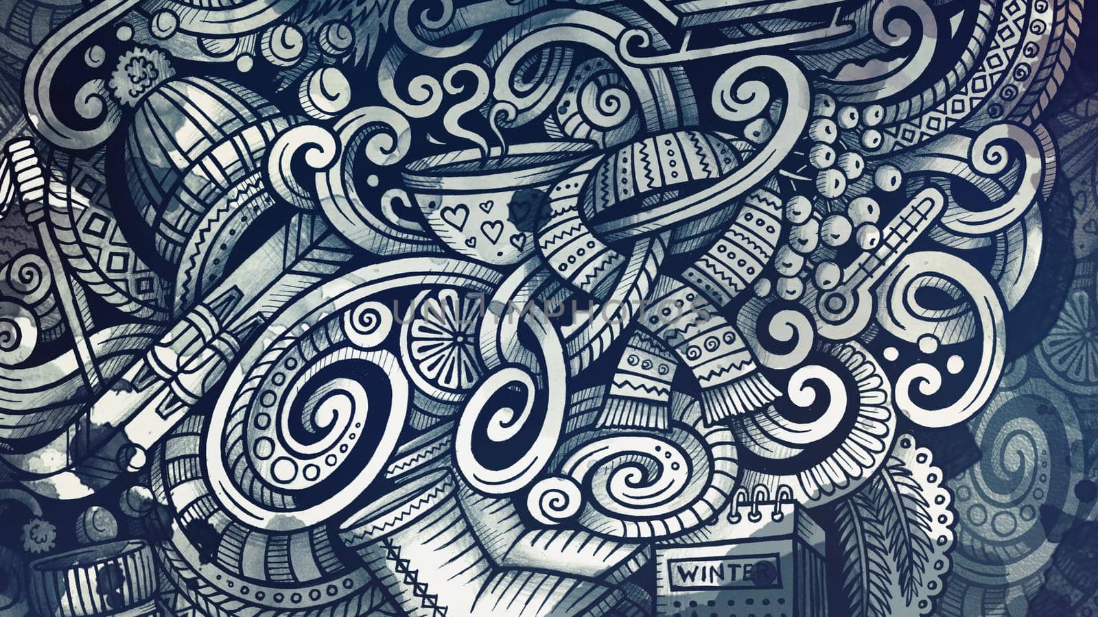 Doodles Winter graphics illustration. Creative cold season art background. Monochrome raster wallpaper.