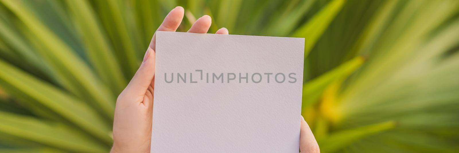 Women's hands in a tropical background holding a signboard paper, mockup BANNER, LONG FORMAT by galitskaya