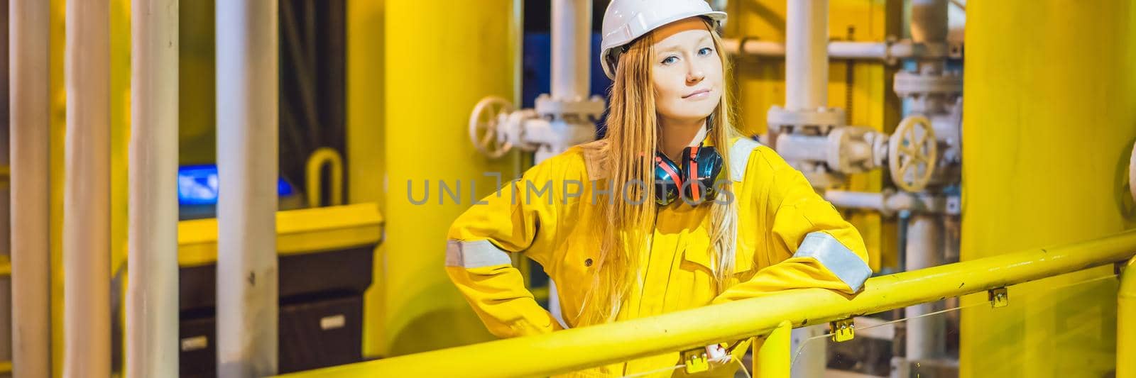 Young woman in a yellow work uniform, glasses and helmet in industrial environment,oil Platform or liquefied gas plant. BANNER, LONG FORMAT