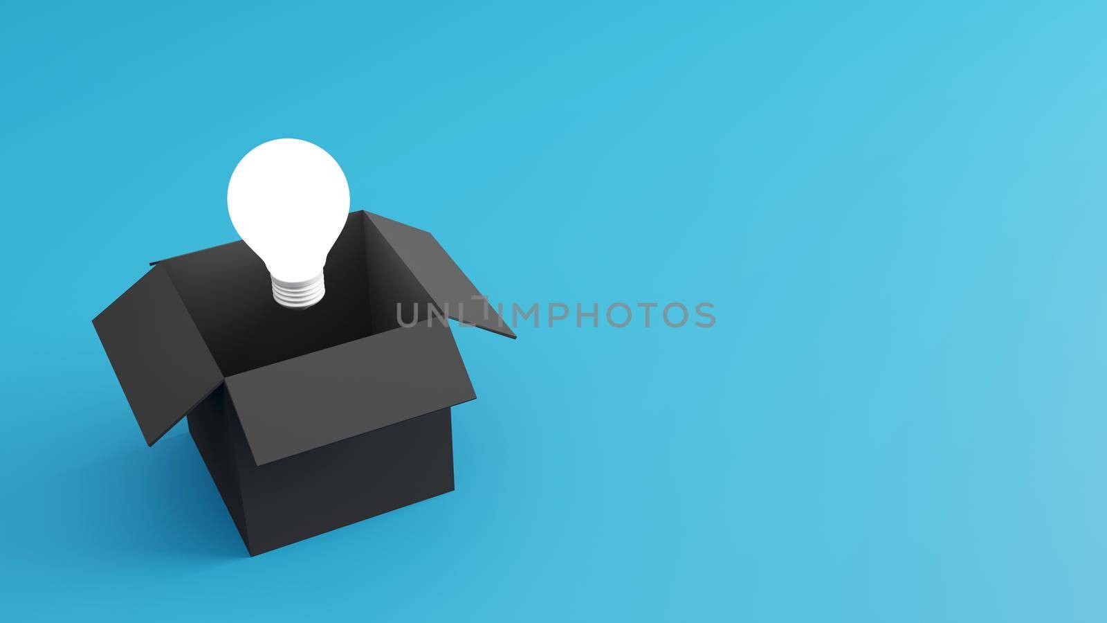 Think outside the box concept design of box with lightbulb 3D render by Myimagine