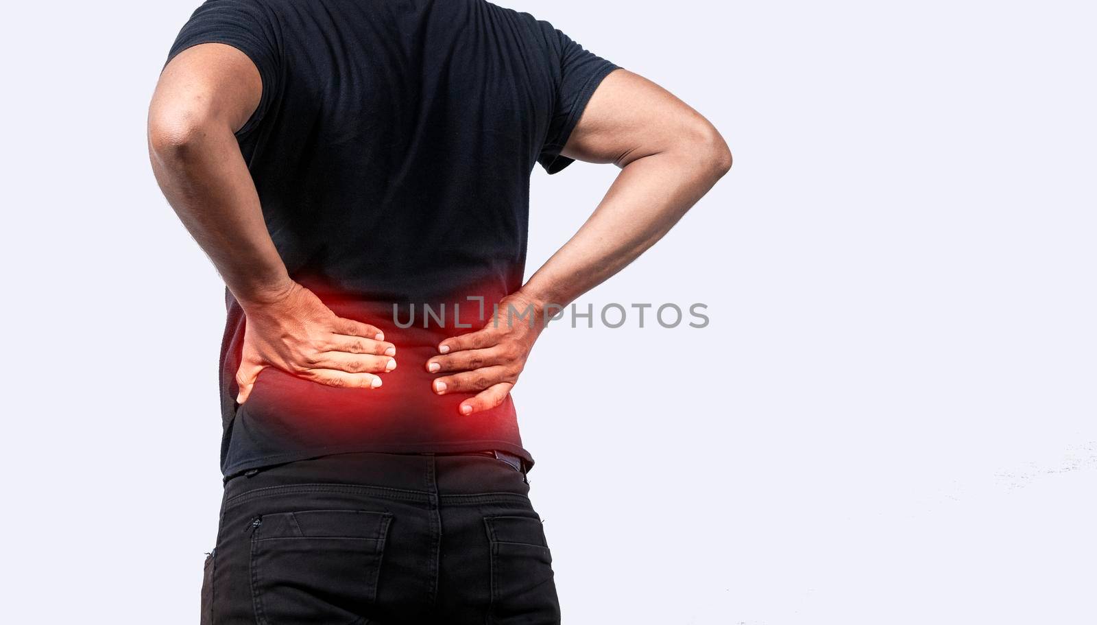 A sore man with back pain, Man with spine problems, person with back problems on isolated background, lumbar problems concept