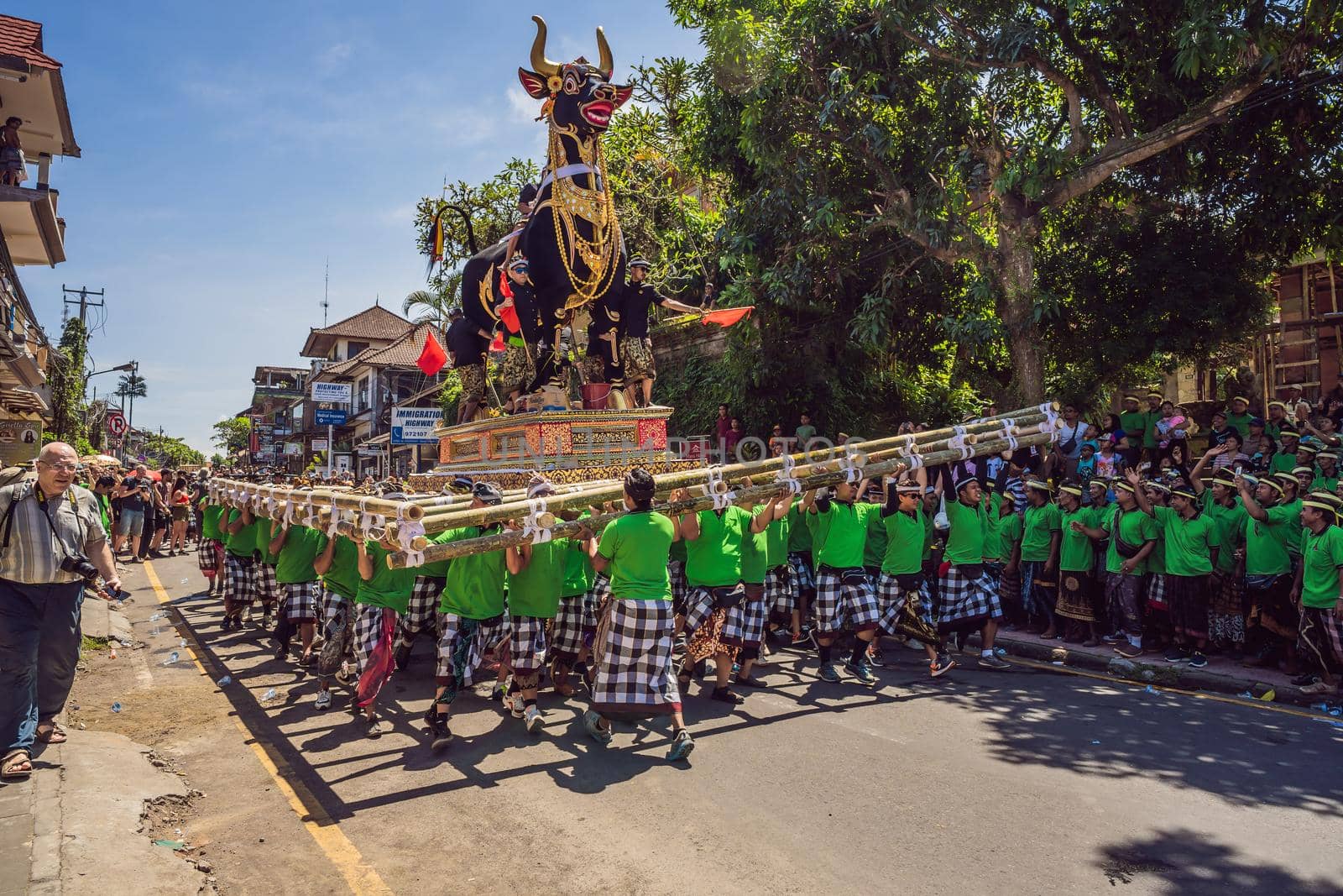 Ubud, Bali, Indonesia - April 22, 2019 : Royal cremation ceremony prepation. Balinese hindus religion procession. Bade and Lembu Black Bull symbol of transportation for the spirit to the heaven by galitskaya