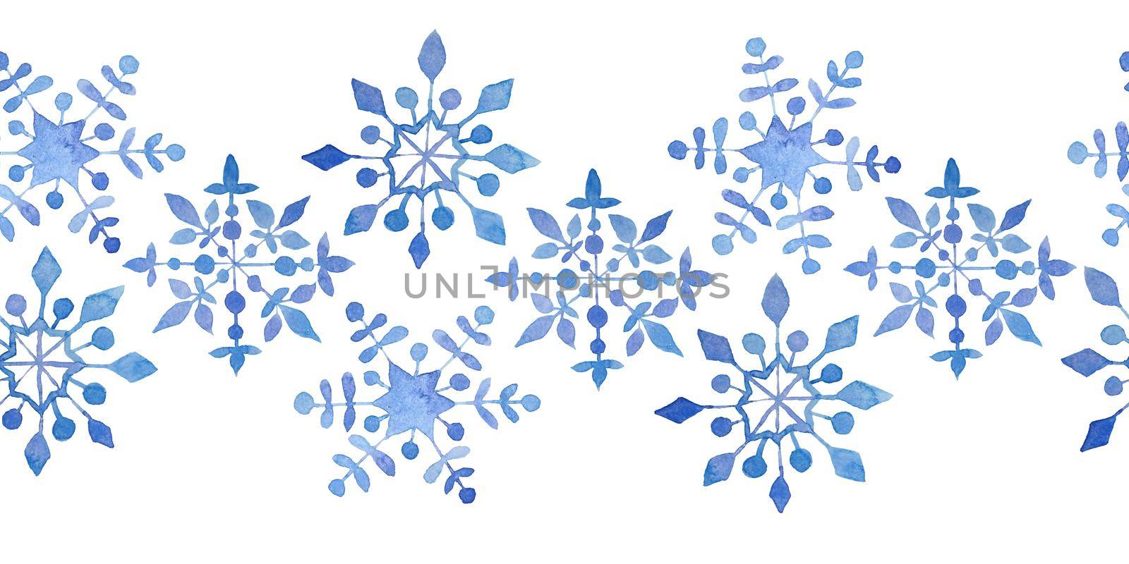 Watercolor hand drawn seamless horizontal border blue elegant snowflakes for Christmas new year design wrapping paper textile. Electric blue snow frost pastel invitation celebration. Winter background
