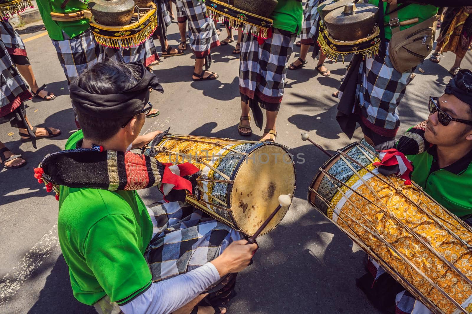 Ubud, Bali, Indonesia - April 22, 2019 : Royal cremation ceremony prepation. Balinese hindus religion procession. Bade and Lembu Black Bull symbol of transportation for the spirit to the heaven by galitskaya