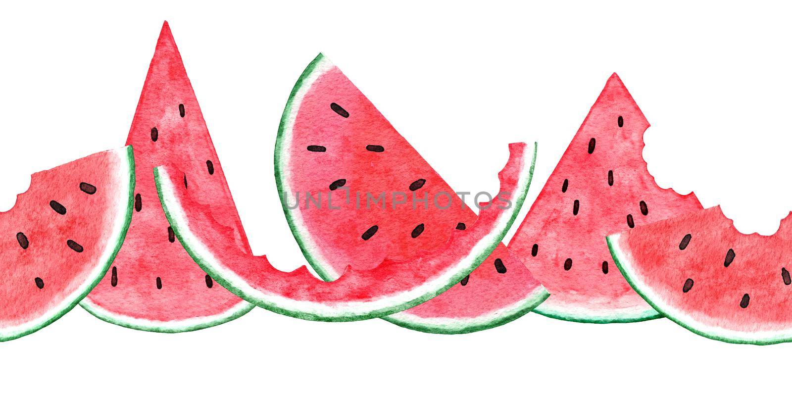 Watercolor hand drawn seamless horizontal border with red green watermelon, summer fruit seeds slices. Vegetarian vegan healthy food frame, tropical jungle vacation holiday concept. by Lagmar