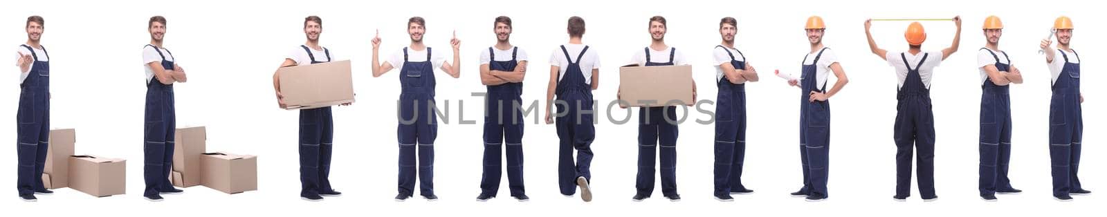 panoramic collage of skilled handyman isolated on white background.