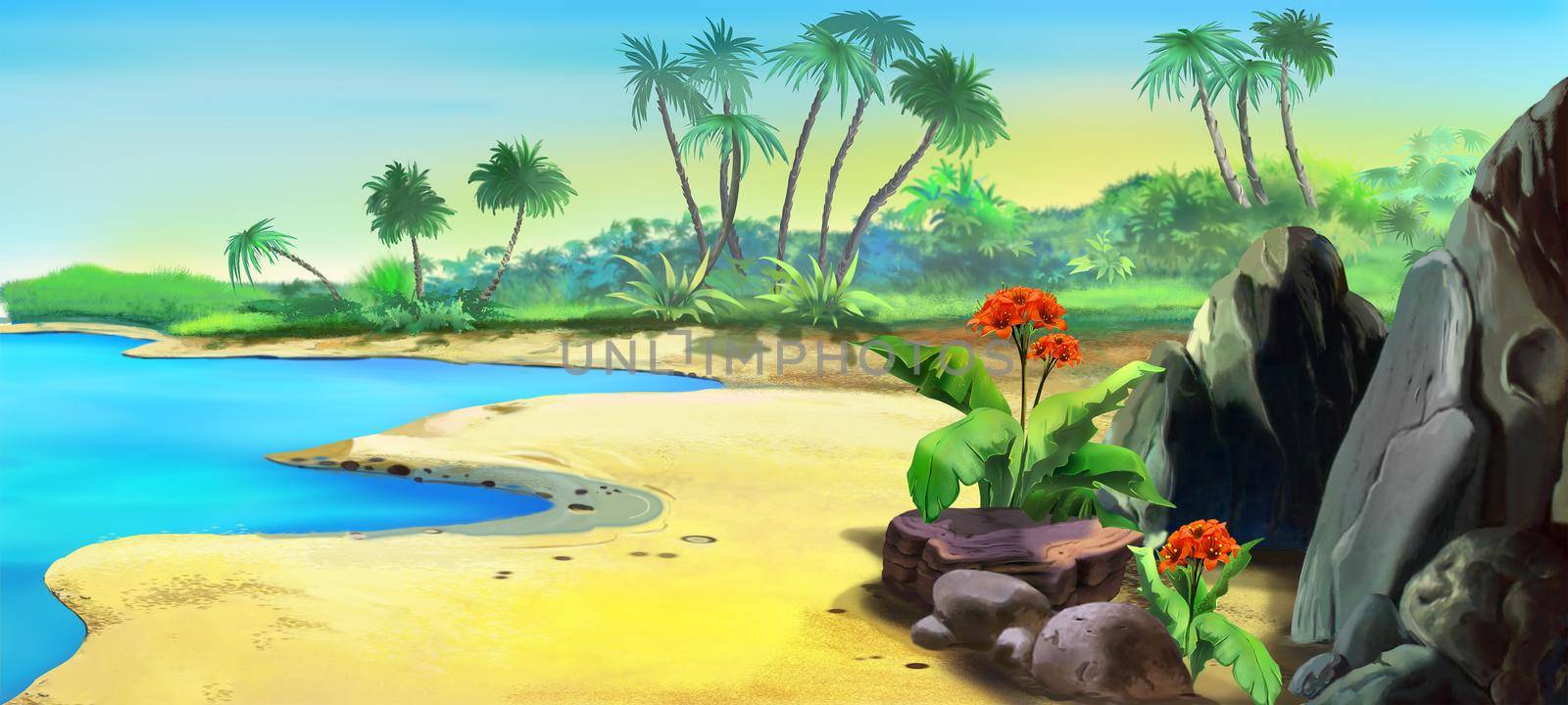 Sandy coast of the island in the tropics on a sunny day. Digital Painting Background, Illustration.