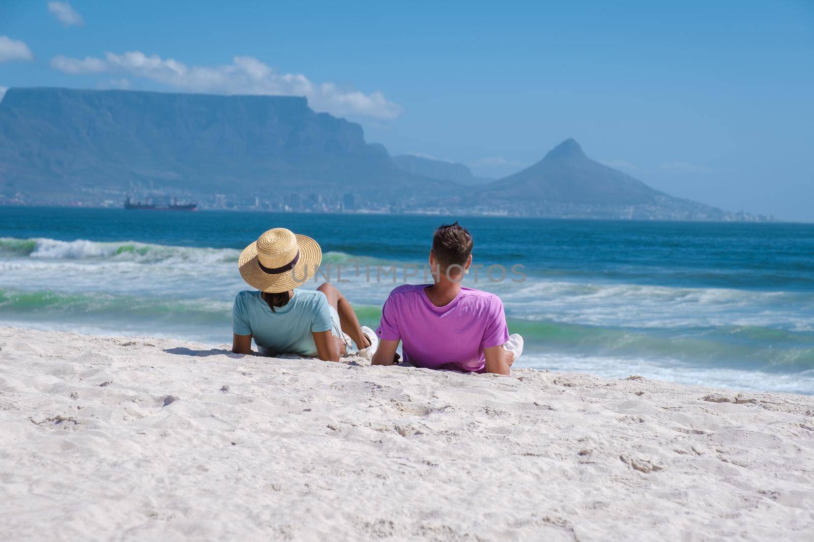 Bloubergstrand Cape Town South Africa on a bright summer day, Blouberg beach, withe sand and blue ocean by fokkebok