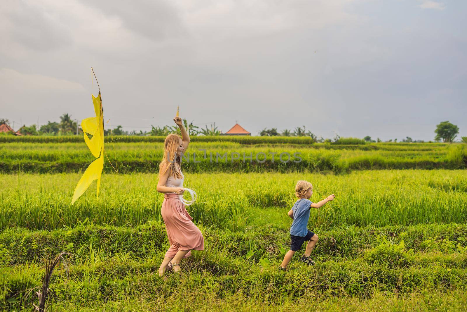 Mom and son launch a kite in a rice field in Ubud, Bali Island, Indonesia by galitskaya