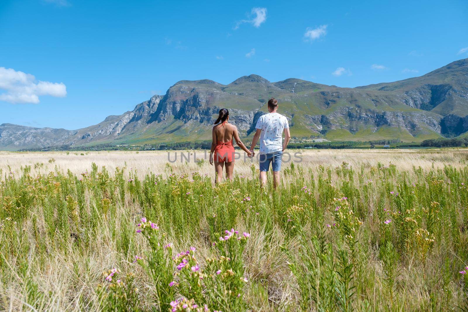 man and woman in grassland during vacation in South Africa, Mountains and grassland near Hermanus at the garden route Western Cape South Africa Whale coast by fokkebok