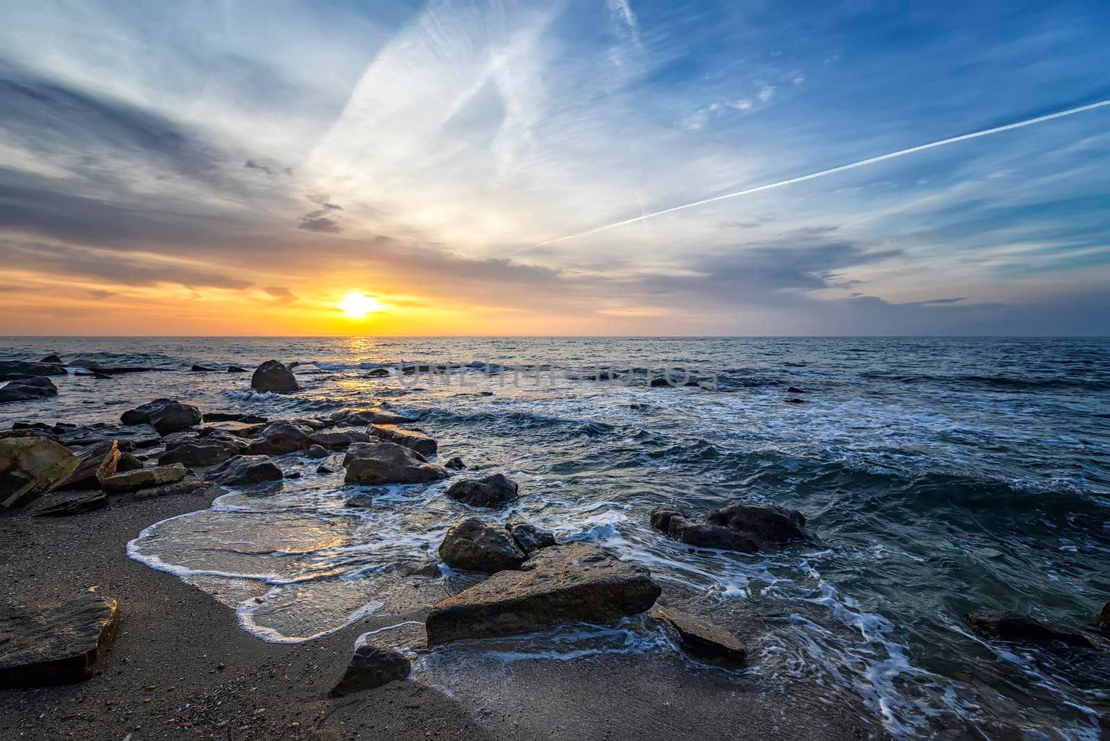 Superb sea landscape with colorful sunset or sunrise. Horizontal view