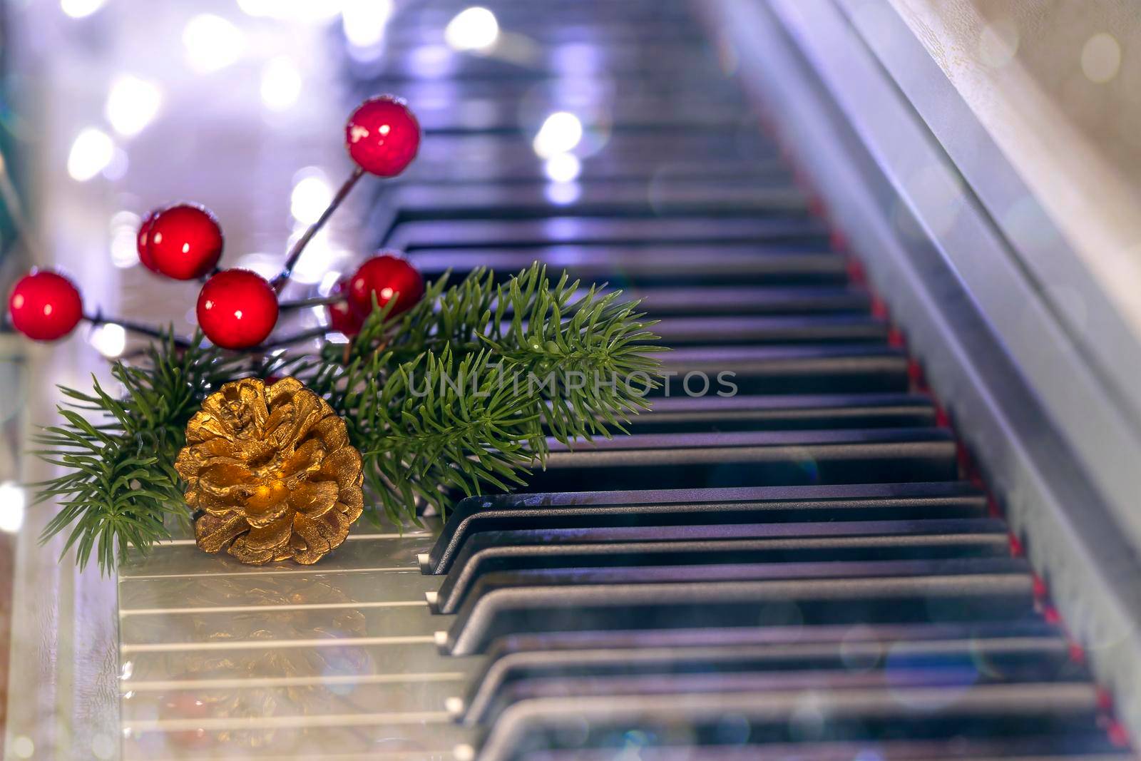 piano keys with golden cone, christmas tree branch and red berries on bokeh background. New Year or Christmas music concept. by Leoschka