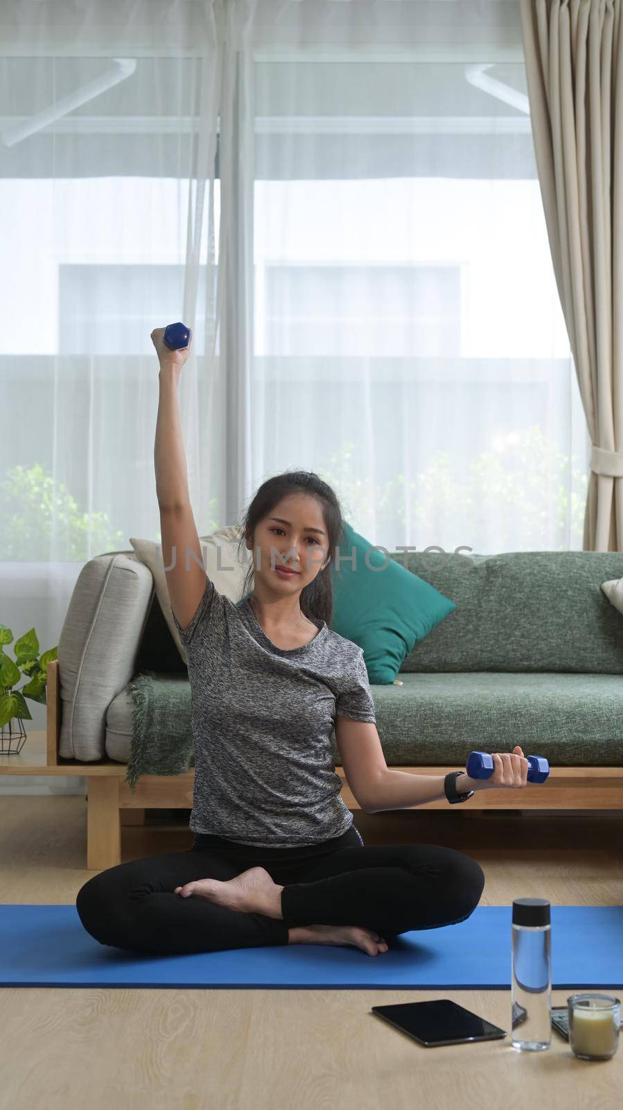 Active young asian woman in sportswear exercising with dumbbells during fitness workout at home.