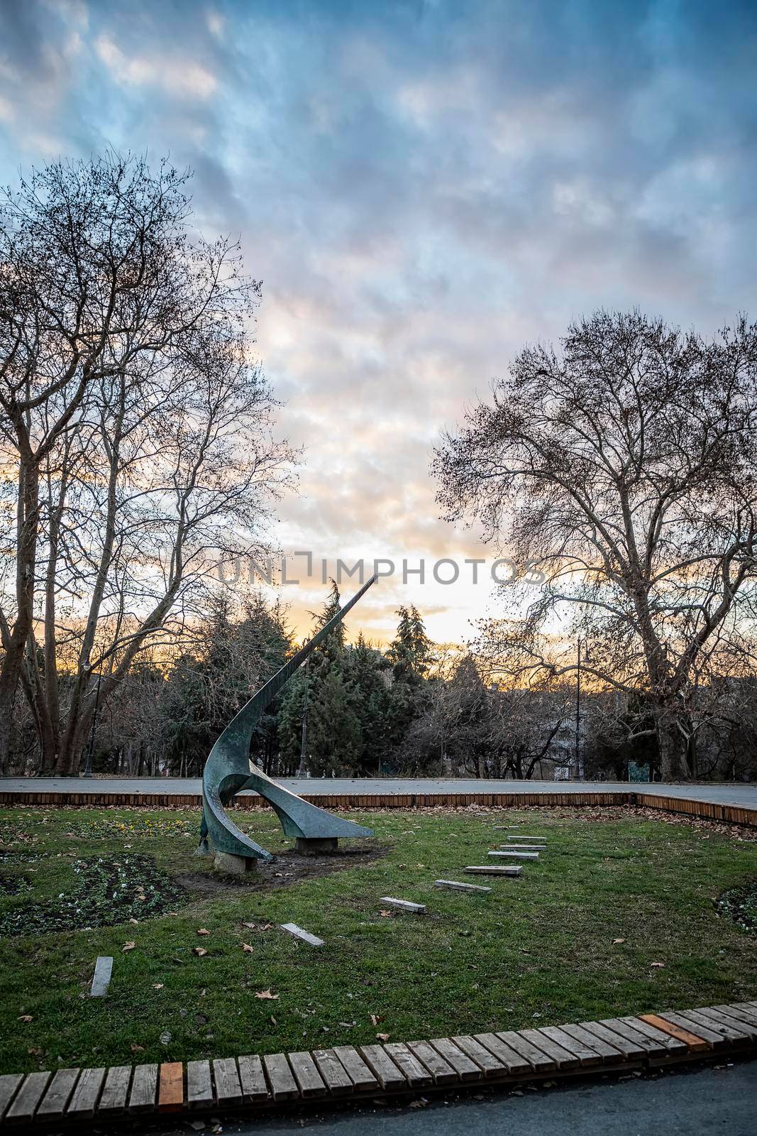 Sun clock in the sea garden in Varna, Bulgaria. Vertical view