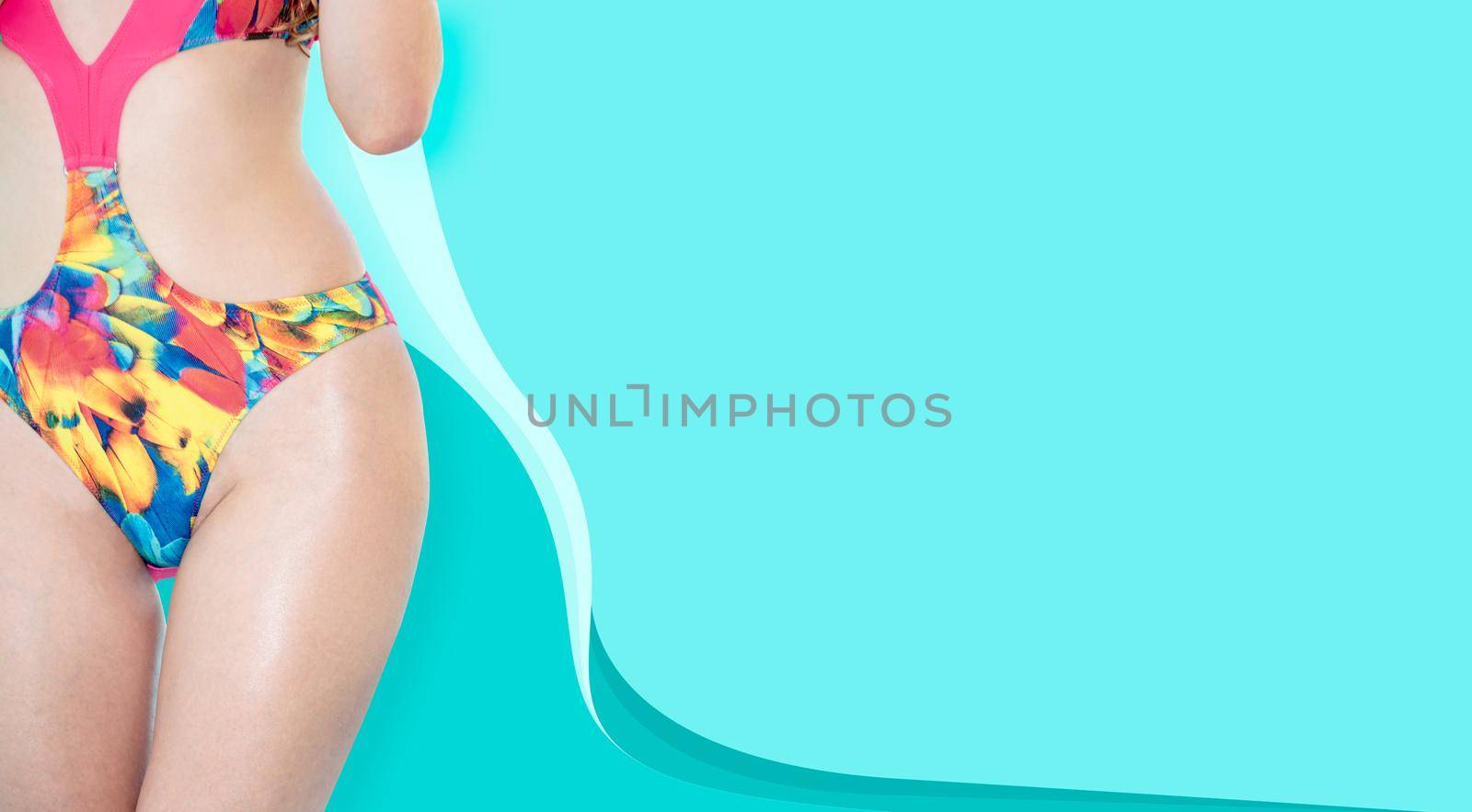 Woman in swimsuit posing on color background. by biancoblue