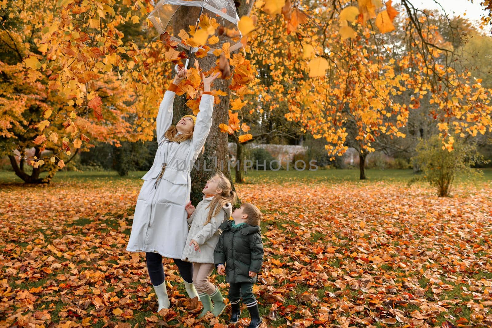 Kids and mother play in the autumn park by Godi