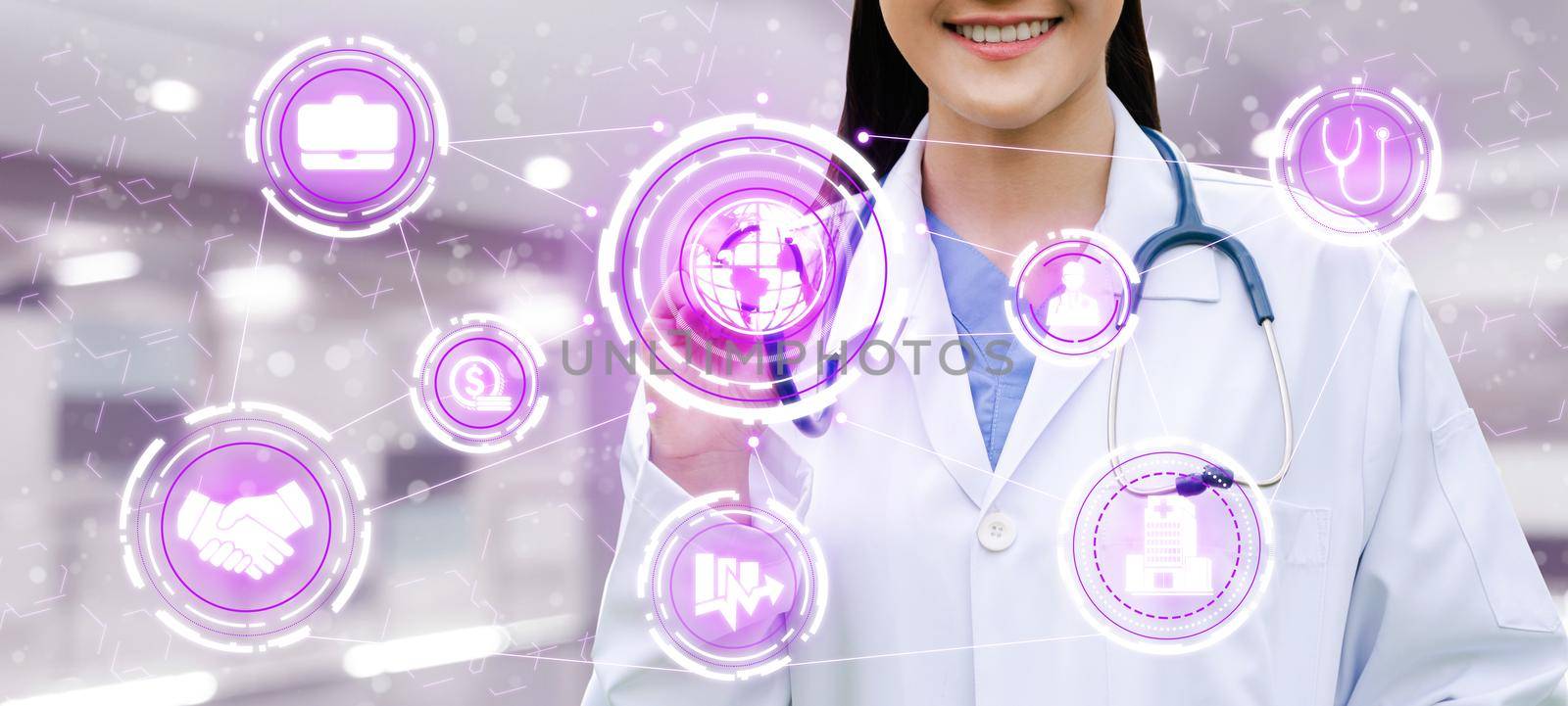 Medical Healthcare Concept - Doctor in hospital with digital medical icons graphic banner showing symbol of medicine, medical care people, emergency service network, doctor data of patient health.