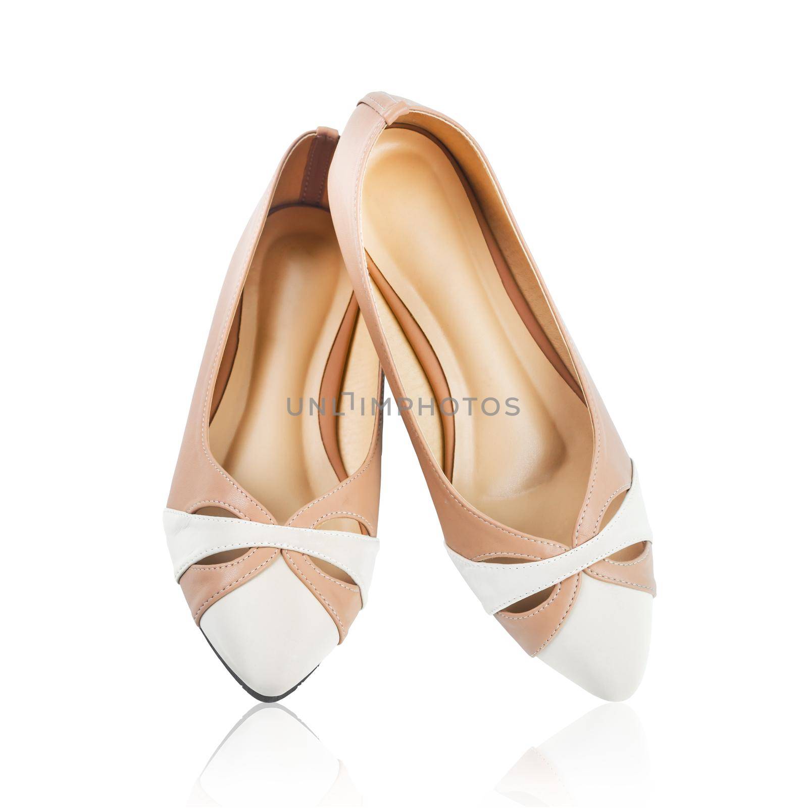 Pair of beige women's shoes isolated on a white background, Save clipping path. by Gamjai