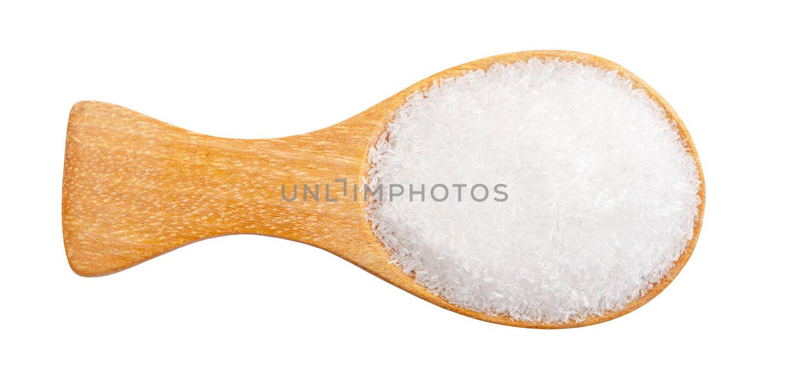 The monosodium glutamate in wood spoon on white background, Save Clipping path.