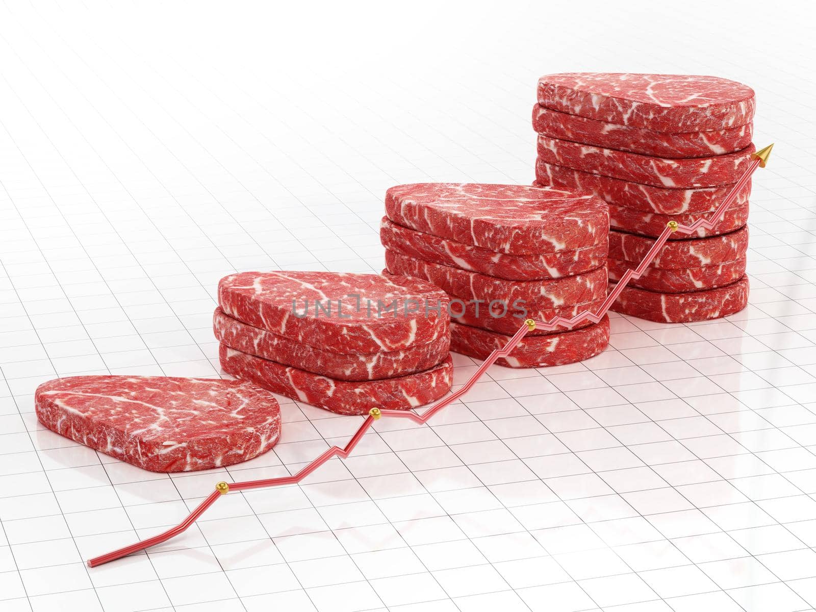 Growing number of steaks with rising arrow. Rising meat prices concept. 3D illustration by Simsek