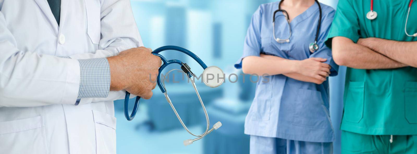 Healthcare people group. Professional doctor working in hospital office or clinic with other doctors, nurse and surgeon. Medical technology research institute and doctor staff service concept.