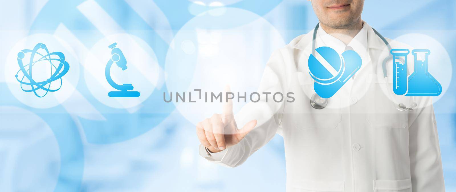 Doctor Points at Copy Space with Medical Icons by biancoblue